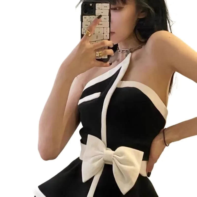 

French Black and White Bow Tube Top Women's Outer Wear Spring Summer New Irregular Back Short Top Trendy Exquisite Personality