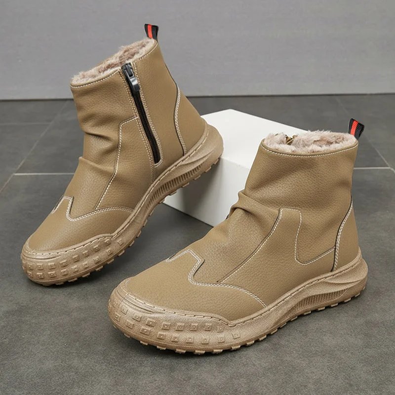 Winter New Zipper Pleated Non Slip Comfort Thick Soled Wear-resistant Fashion Flat Boots Men's Boots High Cut Workwear Shoes
