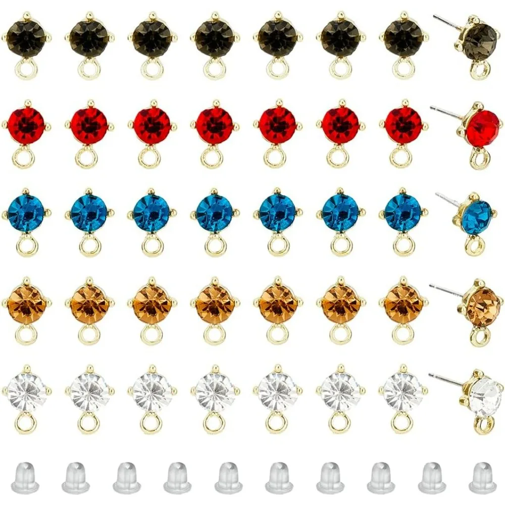 40Pcs 5 Colors Rhinestones Stud Earring Findings Alloy Stud Earring Findings with Glass Rhinestones Earrings Posts with Loop