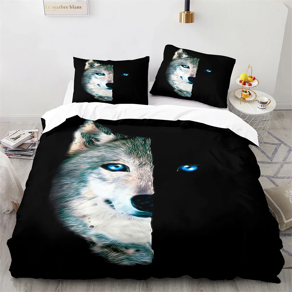 Wolf Duvet Cover King Queen Size Black White Wild Animal Bedding Set for Kids Teens Adults Wildlife Soft Polyester Quilt Cover