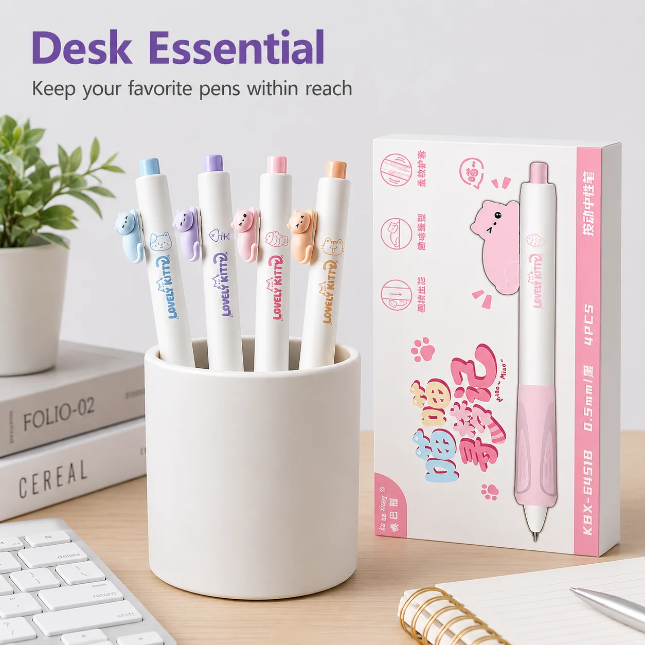 4 stylos chat mignons 3D, stylo à encre noire rétractable avec clip, pointe de stylo CS 0,5 mm, prise en main douce, ensemble de stylos pour agenda étudiant