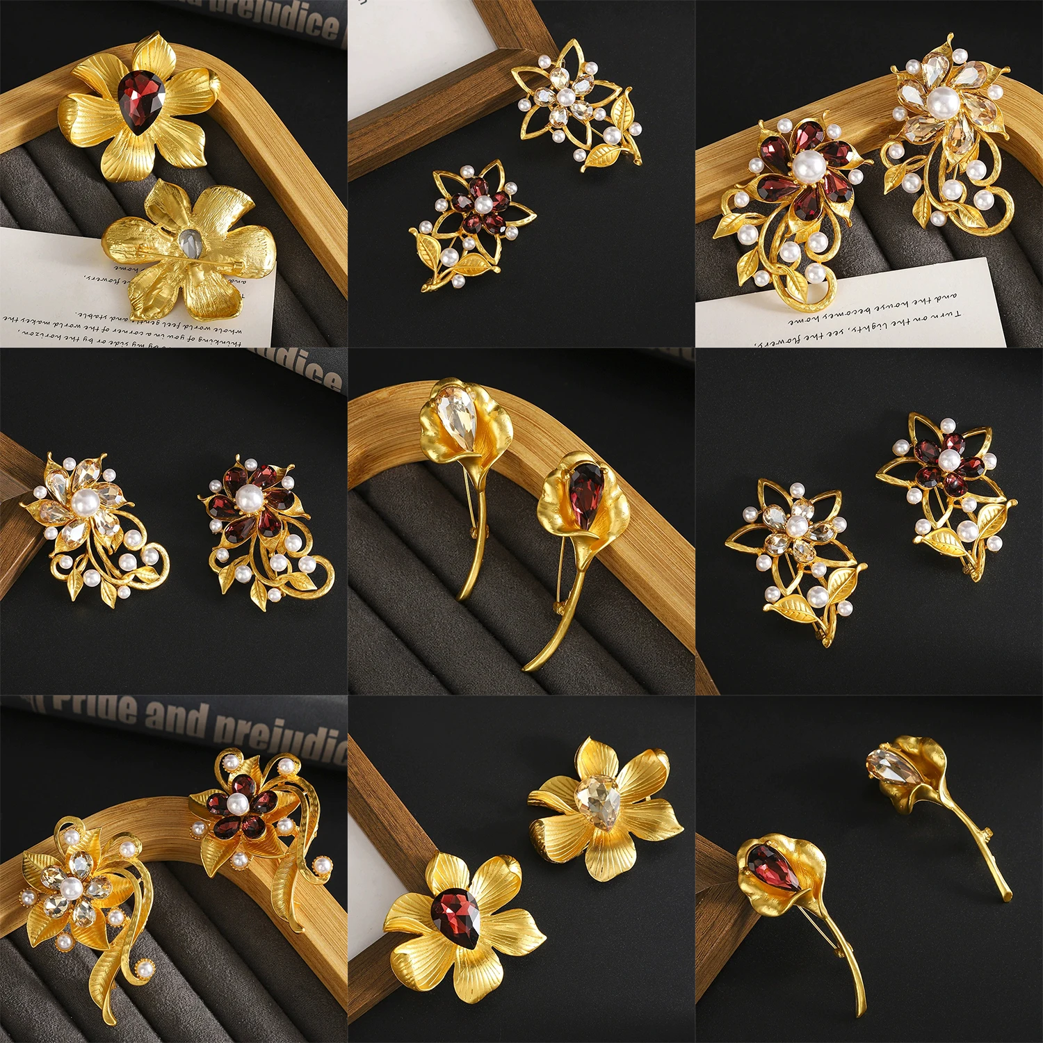 Creative and fashionable retro flower gemstone alloy brooch, simple artistic=personalized suit pin accessories