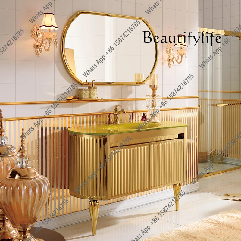 J European Style Golden Hand Wash Bathroom Cabinet Combination American Bathroom Cabinet Stainless Steel Washstand Floor Wash Ba