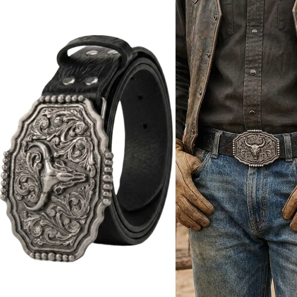 Fashion PU Leather Western Cowboy Belt Embossed Trendy Brand Business Casual Belt Luxury Design Bull Buckle Belt for Men