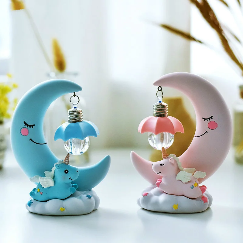 Led Night Light Resin Moon Unicorn Cartoon Baby Nursery Lamp Breathing Children Toy Christmas Gift Kids Room Craft Table Light