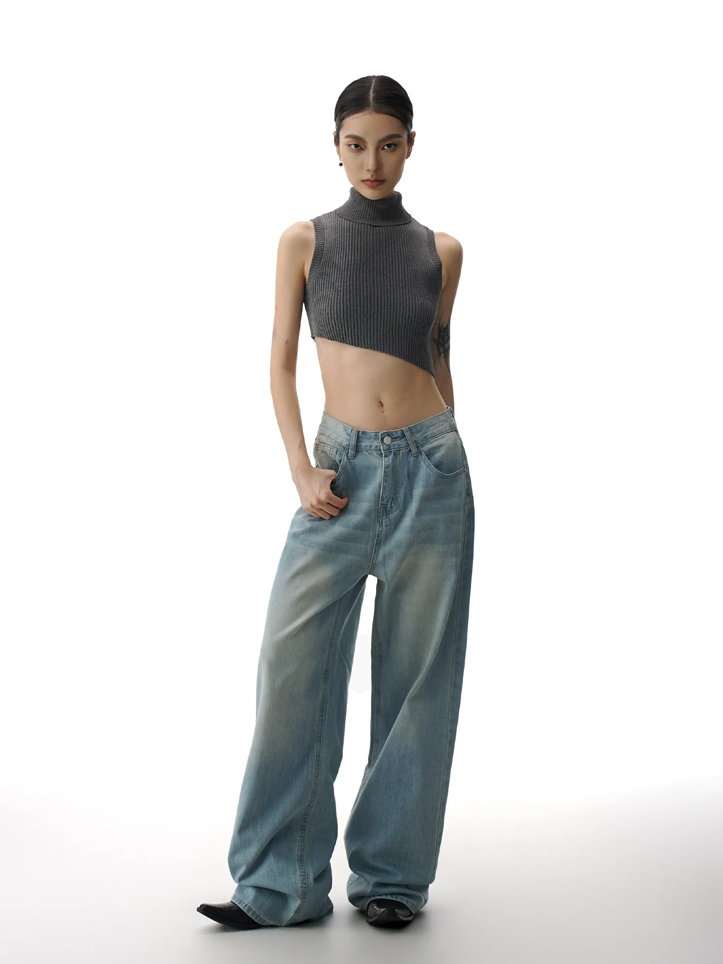 

Retro American Washed Jeans Women's Trendy Light Blue Design Straight Loose Slimming Long Trousers Casual Cotton Denim