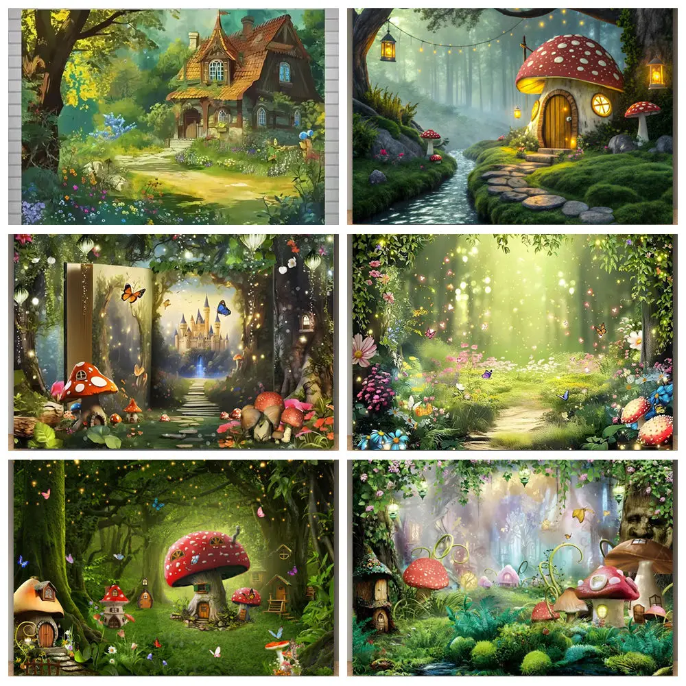 

Fairy Tale Forest Dreamy Natural Jungle Forest Wonderland Mushroom House Backdrops Baby Birthday Party Photography Backgrounds