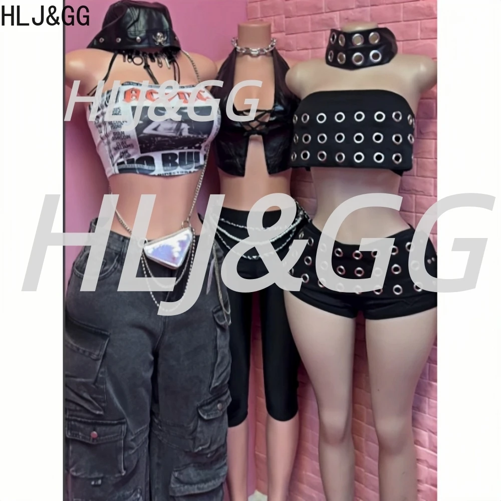 

HLJ&GG Black Sexy Deep V Leather Halter Two Piece Sets Women Hollow Bandage Slim Crop Top And Shorts Outfits Fashion Streetwear