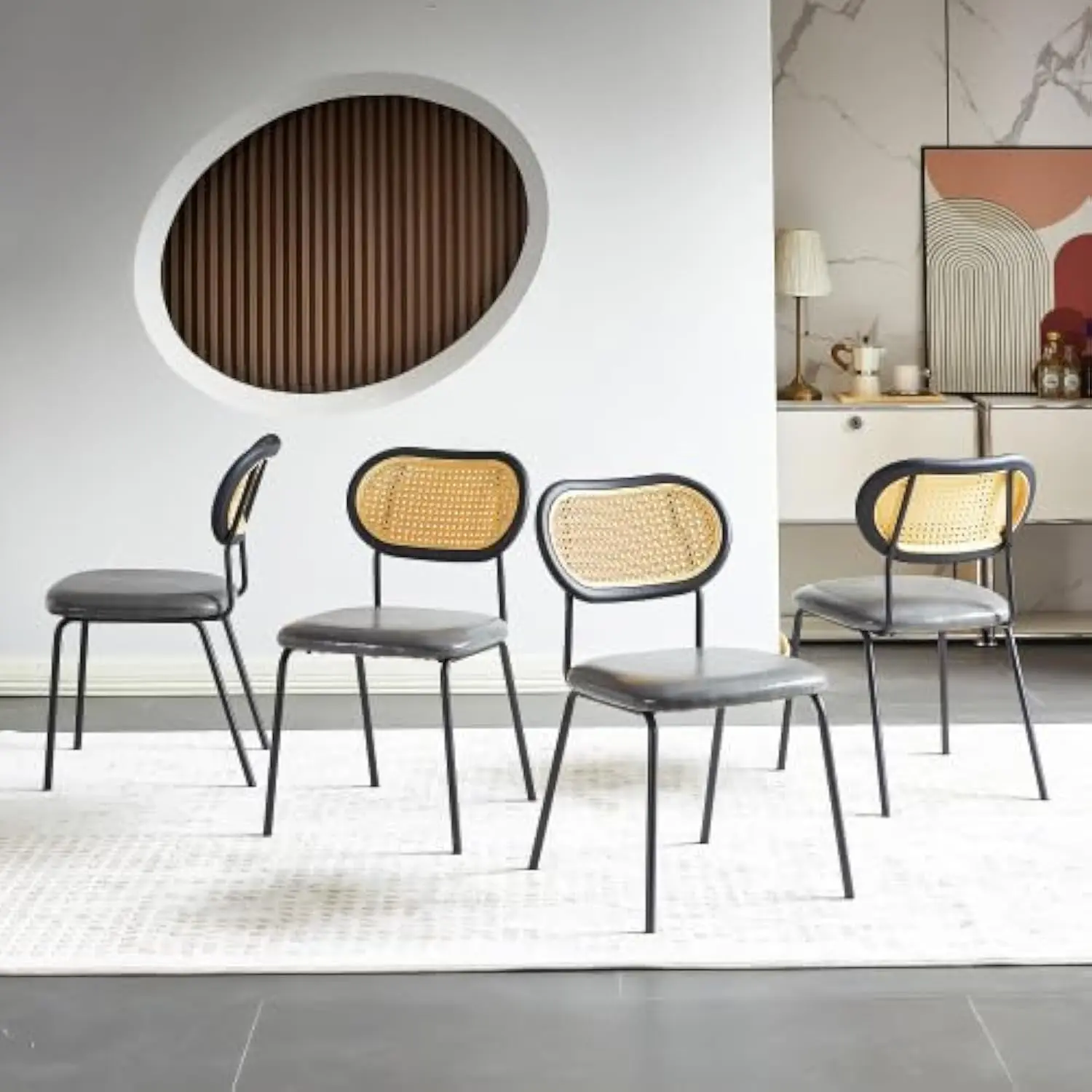 

Dining Chair Set of 4 Pu Leather Kitchen Dining Chairs with Rattan Backrest and Metal Legs Modern Upholstered Armless Dining Ch