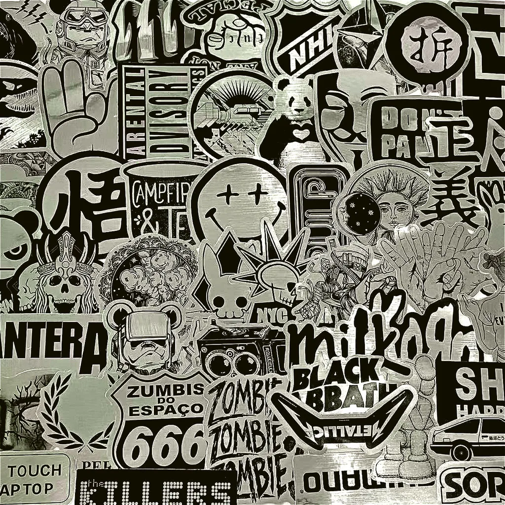 100/50 قطعة من ملصقات الكتابة على الجدران المعدنية المصقولة - شارات الحافة الحضرية للمعدات التكنولوجية وألواح التزلج (متجر عوالم الرسوم المتحركة)