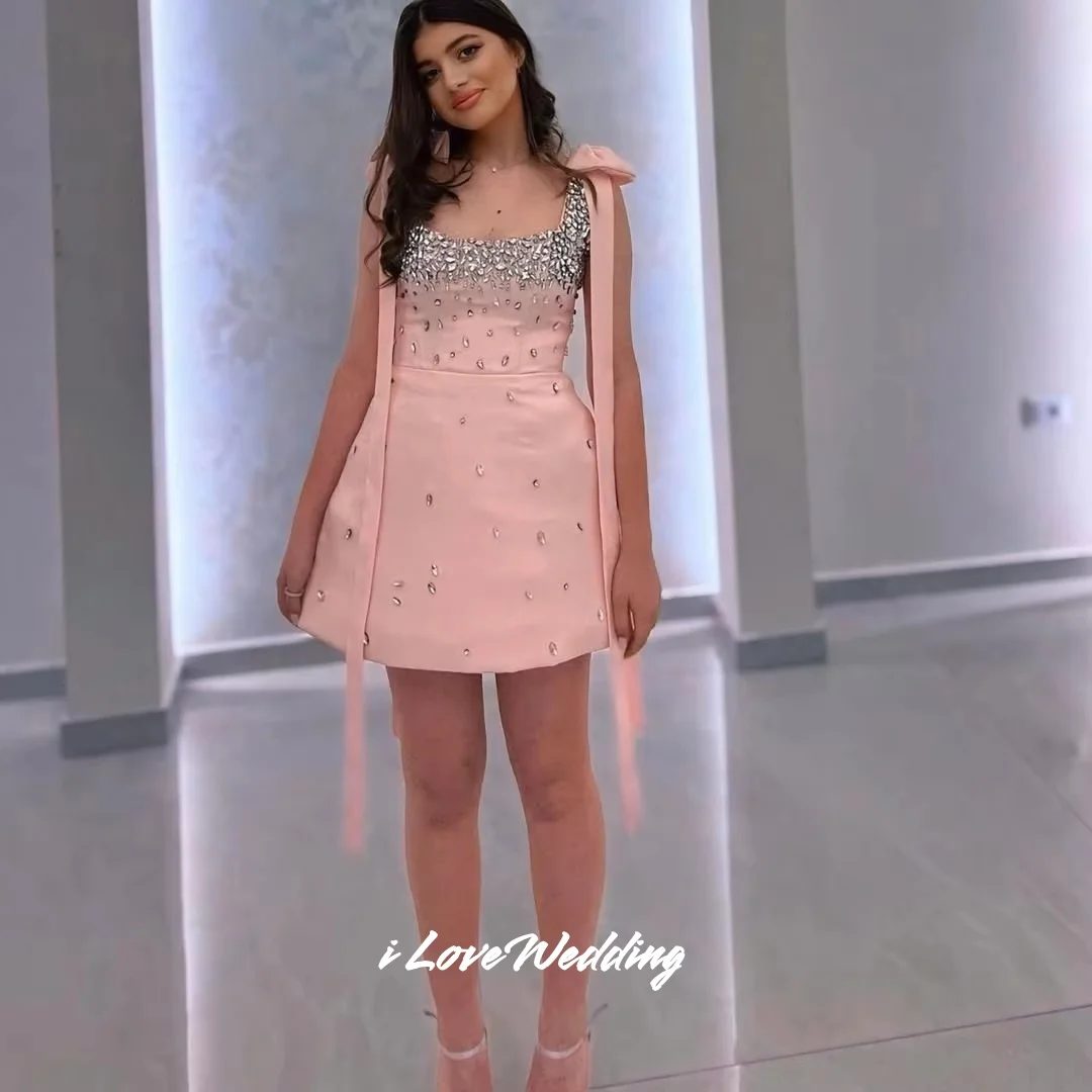 

Pink Glitter Bow Spaghetti Strap Mini Skirt Sleeveless Homecoming Dresses A-Line Pleated Modern Birthday Party Dress Customized