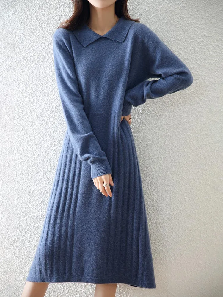 100% Pure Wool Knitted Dress Ladies Lapel Loose Long Skirt Fashion Jacquard Vertical Strip High Waist Skirts Autumn Winter Dress