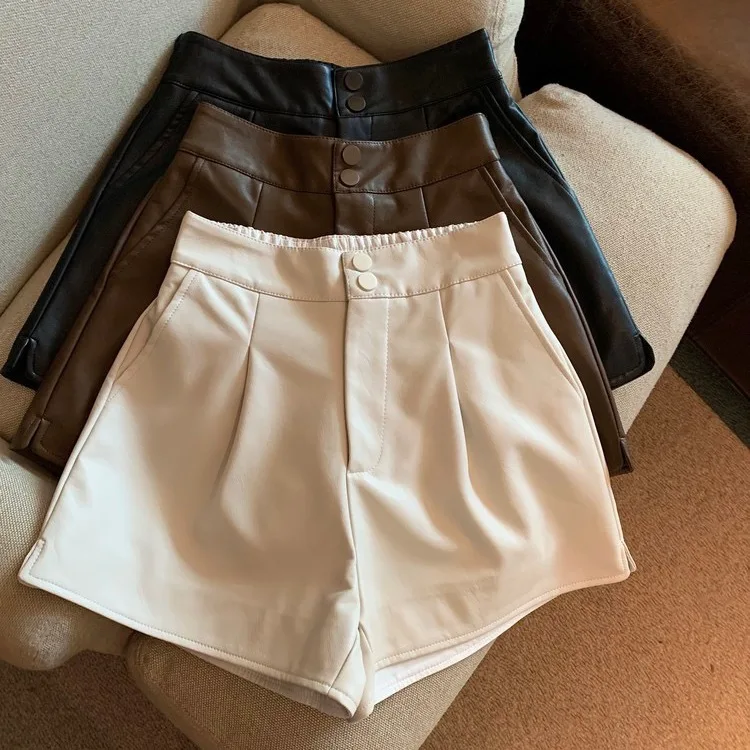 Short en Faux Cuir Noir pour Femme, Poches Latérales, Mode Chic, Vintage, Taille Haute, Fermeture Éclair, Braguette, Pantalon Court, PU, Y2k, Sexy