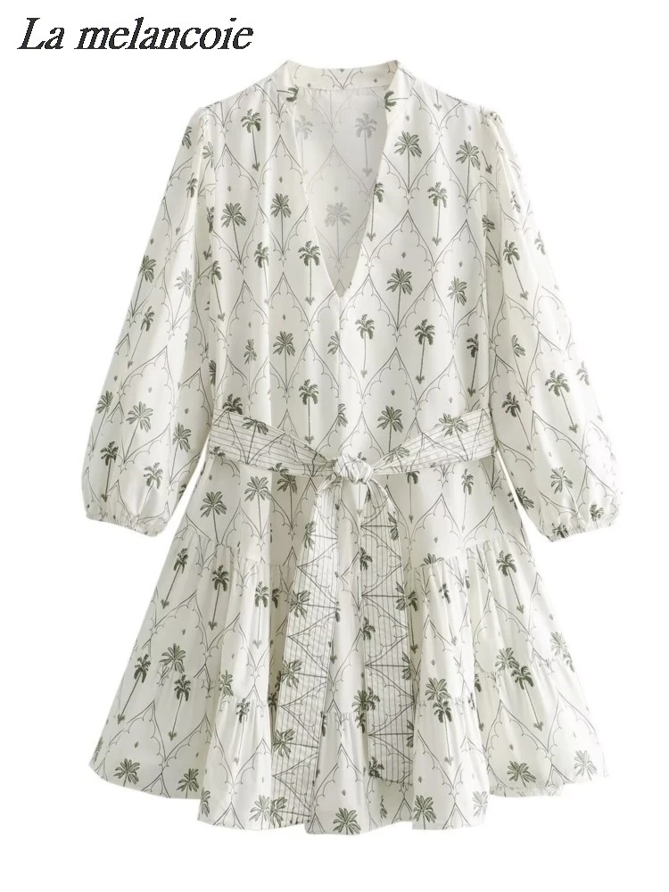 Mini vestido estampado em flores feminino, decote em v, manga bolha, elegante vestido curto chique, vestido plissado vintage com renda, verão, novo, 2022