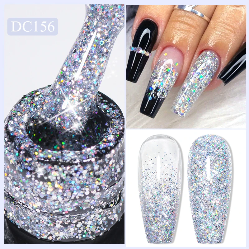 7ML Silver Glitter Gel เล็บที่มีสีสัน Shining Sequins กึ่งถาวร Soak Off Need Base Top Coat Nail Art เจลเคลือบเงา