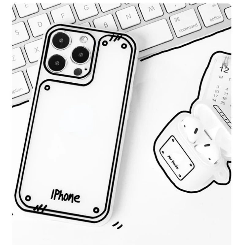 Two-dimensional Line Comic Case For iPhone 16 15 Frosted Translucent iPhone14 Plus 13 12 11 Pro Max XS XR 2D Silicone Case Cover