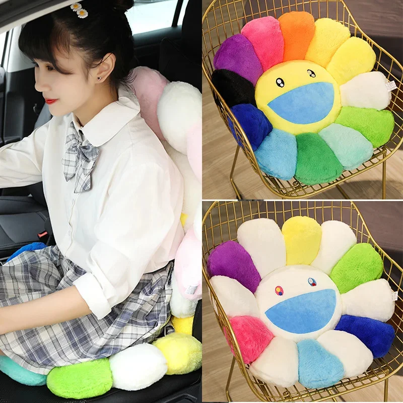 40cm Rainbow Plush Pillow Smile Face Sunflower Cushion Stuffed Flower Doll Mats Sofa Room Decoration Plush Toy Kids Gift Pillows