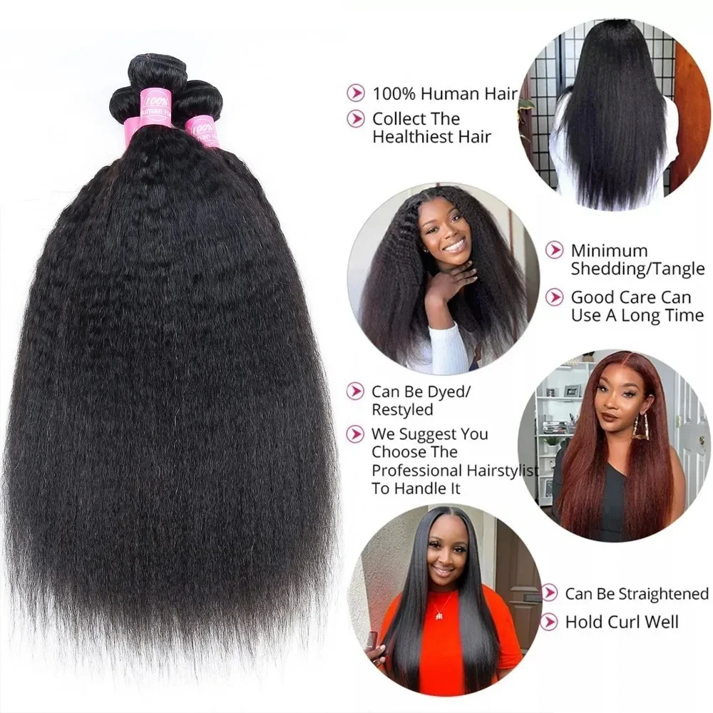 Kinky Straight Human Hair 3 Bundles With 4x4 Lace Closure Free Part Brazilian Remy Yaki Straight Human Hair Bundles With Closure