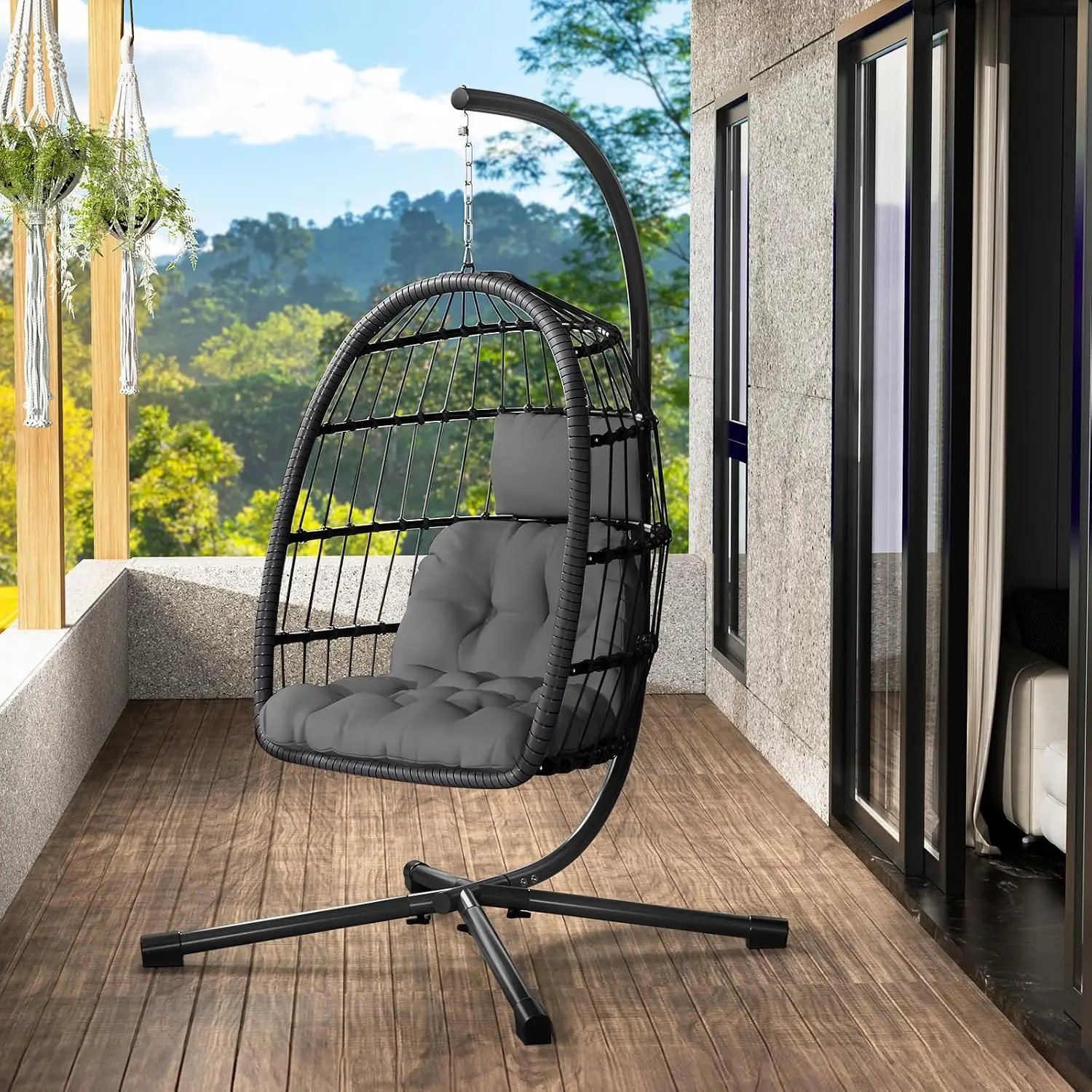 Hanging Egg Chair with Stand, Patio Rattan Wicker Swing Chair, Oversized Hammock Seat for Bedroom Porch Garden, Thickened Steel Frame & UV Resistant Cushion, 350LBS Capacity（Grey