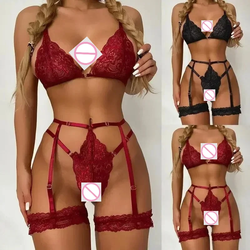 

Sexy Lingerie Bra Panty and Garter Lingerie Set Lenceria Mujer Sexy Bow Exotic Sets Hollow Out Women's Underwear Erotic Cut-out