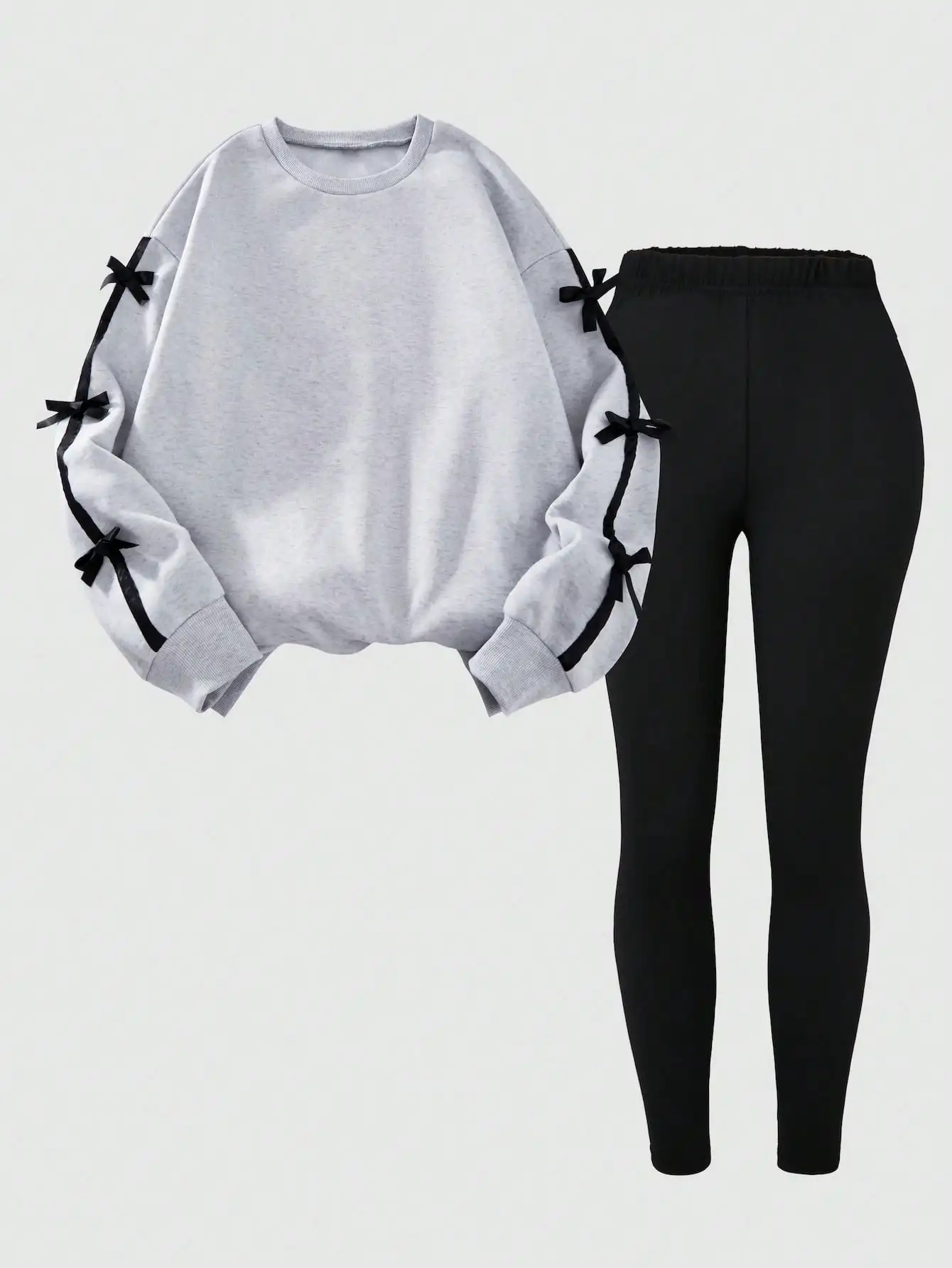 Women's Casual Bow Decor Crew Neck Long Sleeve Fleece Sweatshirt And Skinny Pants 2 Piece Set