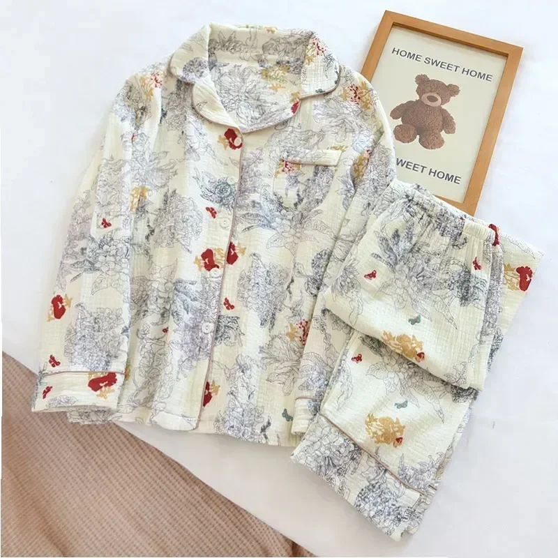 

Painting Ink Loungewear Nightwear Female 2 Cotton Women Home Piece Gauze Clothes Set Printing Sleepwear Pyjamas Pajamas