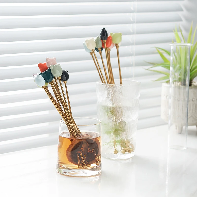 Mixing Spoon Cocktail Stirrers Coffee Stirrers Reusable 5.7 Inch Cute Bear Sticks Swizzle Cocktail Spoon Stainless Steel Long