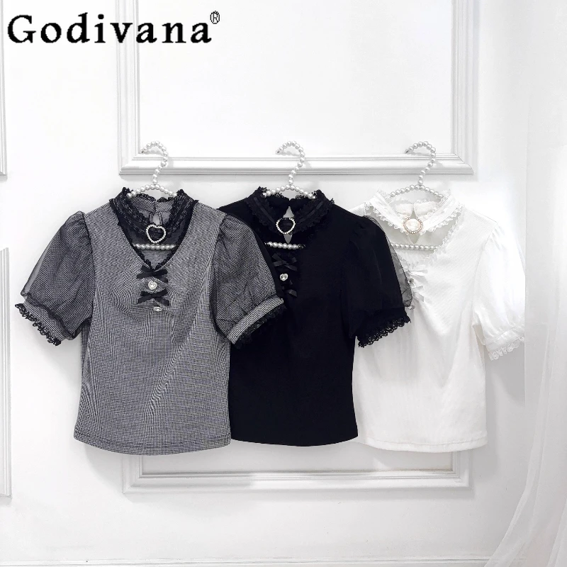 

Japanese Style Sweet Love Diamond Bow Short Sleeve Knit Top Summer New Girls Women's Subculture Mine Plaid T-Shirt with Collar