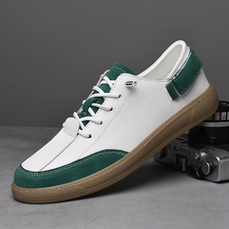 Fashion White Green Casual Sneakers Genuine Leather Male Sport Shoes Outdoor Lightweight Men Vulcanize Shoes Skateboard Footwear