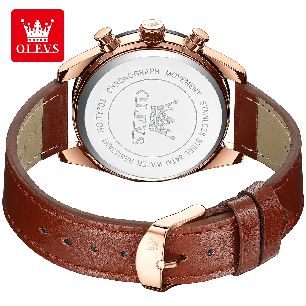 OLEVS TY703 브랜드 전용 쿼츠 시계 남성 패션 가죽 스트랩 클래식 크로노그래프 캘린더 방수 야광 남성 시계