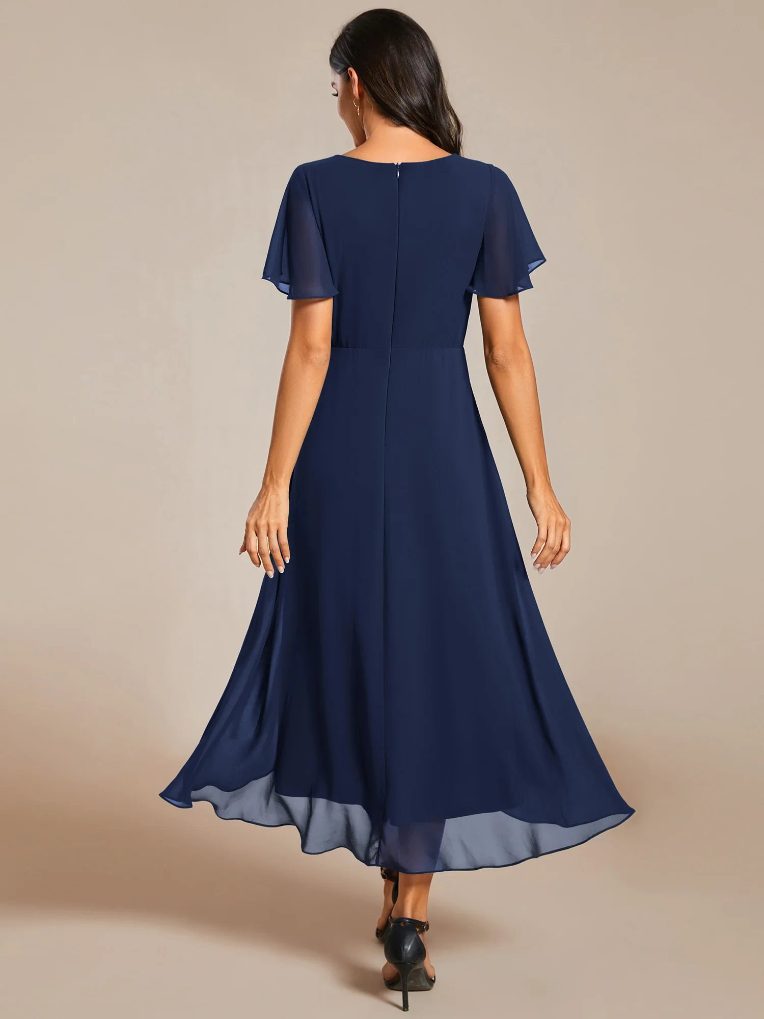 Sempre bonita-vestido de convidado do casamento chiffon, simples vestido plissado, v-colar, babados, linha a, linha a, elegante, para a festa, novo