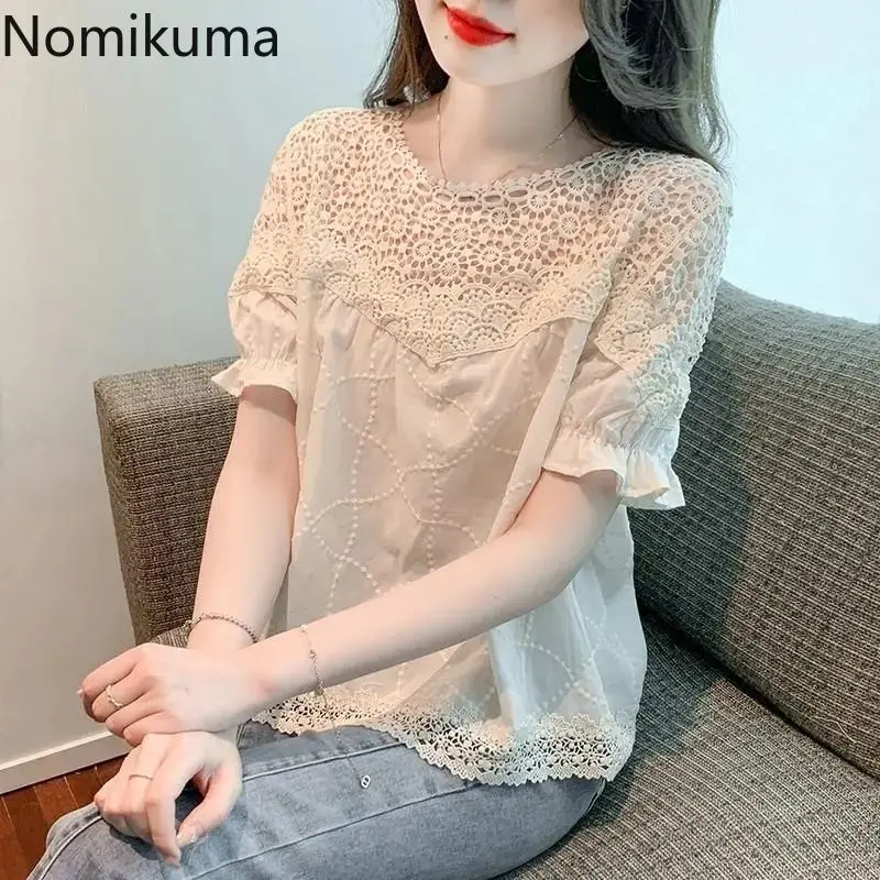 Summer Women Blouse Oversized Tops 2024 Blusas Mujer De Moda Patchwork Lace Short Sleeve Shirts Hollow Out Loose Vintage Blouses