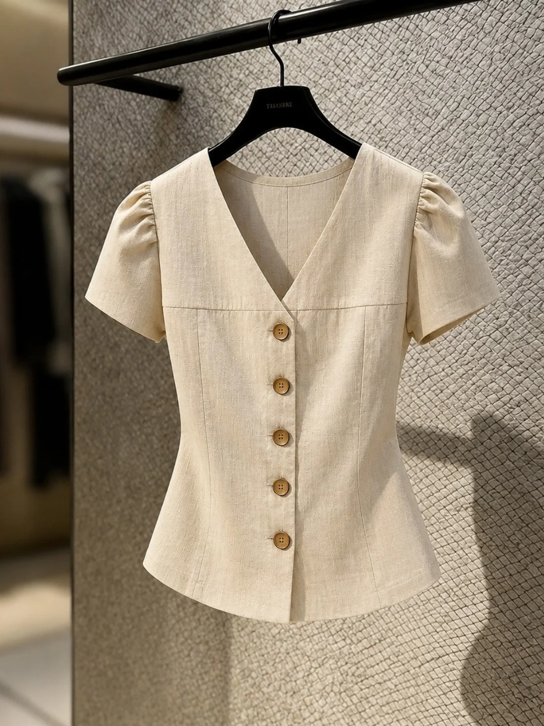 Fashionable V-Neck Short Sleeve Shirt Commute Slimming Top Elegant Single Button Silk Blend Women's Premium Quality Blouse