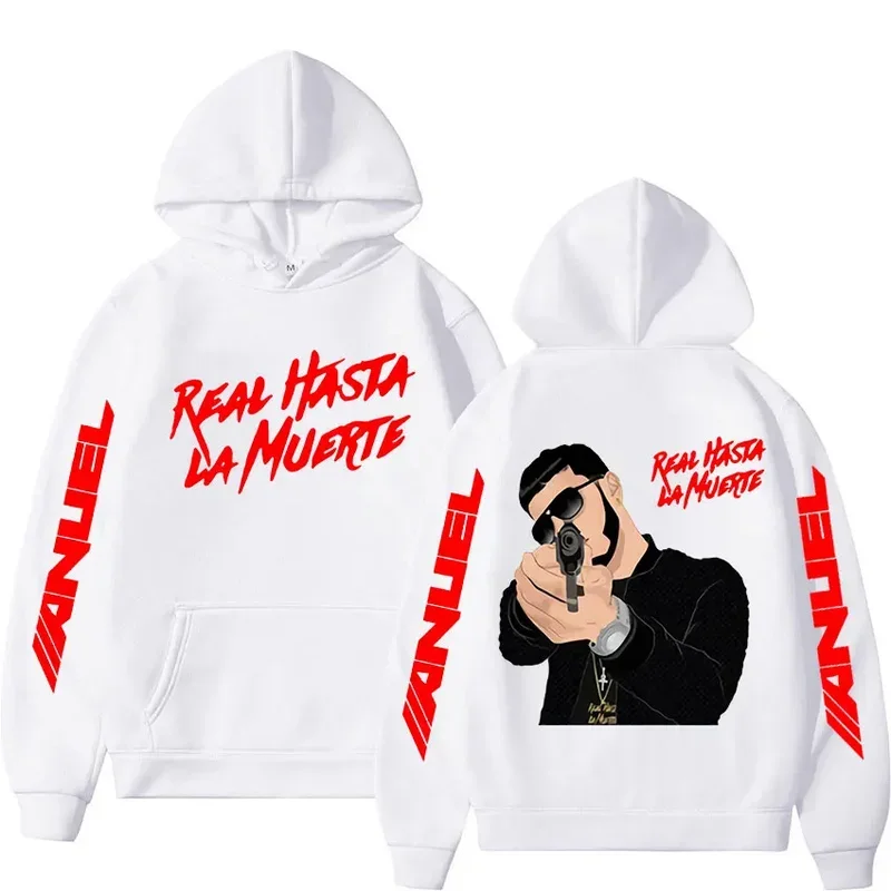 Rapper Anuel AA Real Hasta La Muerte Cetak Hoodie kebesaran pria wanita Fashion Pullover berkerudung Sweatshirt bulu longgar Streetwear