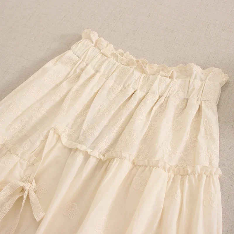 Summer Sweet Mori Girl Solid Color Hollow Out Embroidered Cotton Skirts Women Elastic Waist Double Layer Casual Skirt