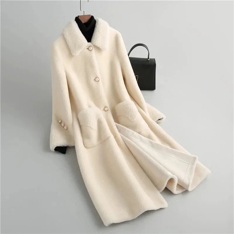 

2024 New Simple Cuffs Round Neck Lamb Wool Coat Medium Long Grain Fleece Fur One Piece Lamb Long Women's Sheep Cut Fleece Coat