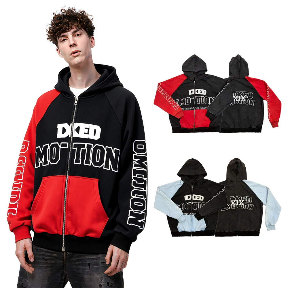 Vintage Streetwear Letter Embroidery Graphic Zip Up Hoodies Hiphop Street Style Cotton Oversized Casual Patchwork Sleeve Hoodies