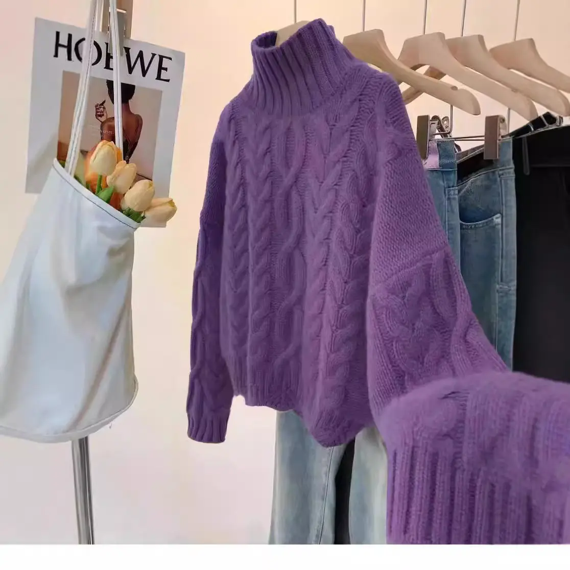 레트로 터틀넥 여성 솔리드 컬러 스웨터 여성 루즈 캐주얼 통근 가을, 겨울 캐주얼 두꺼운 스웨터베이스