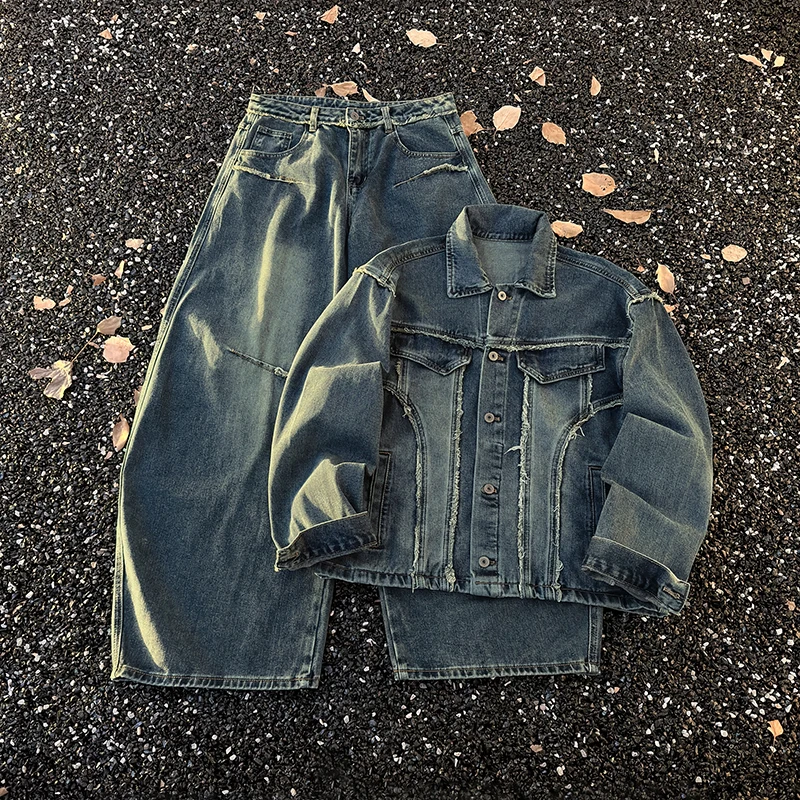 Spring Autumn Denim Two-piece Set For Men American Fashion High Street Lapel Splicing Frayed Edge Jacket Loose Jeans Sets