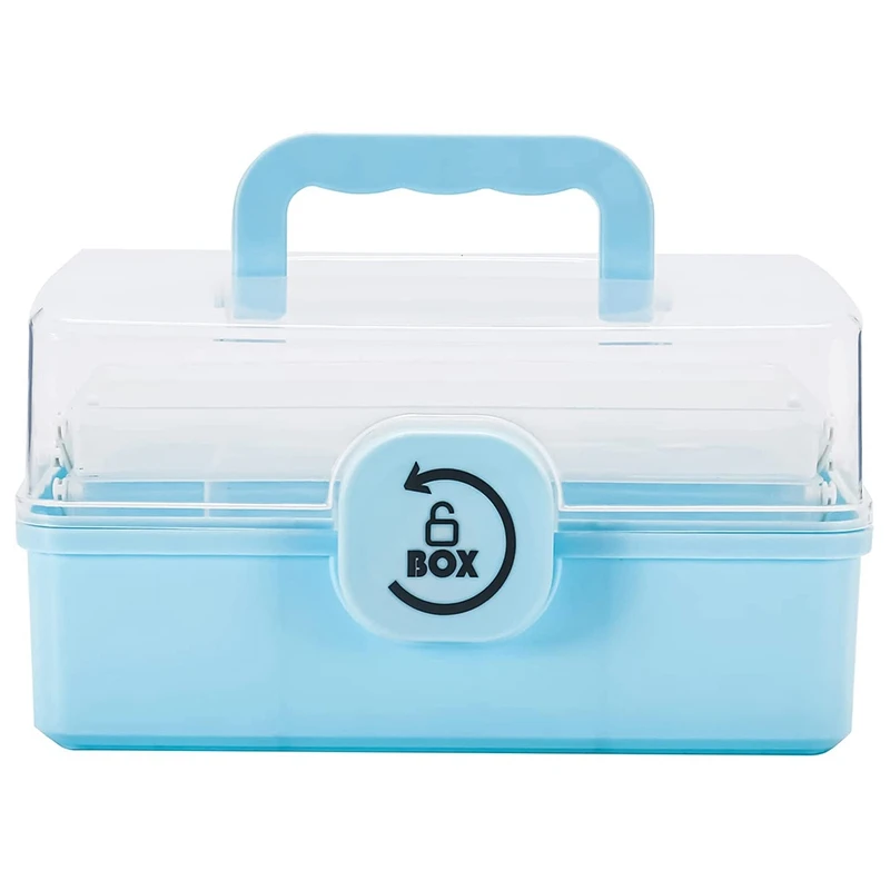 3段折りたたみ式トレイ付きプラスチック収納ボックス、ツールオーガナイザー、ポータブルロック可能コンテナ