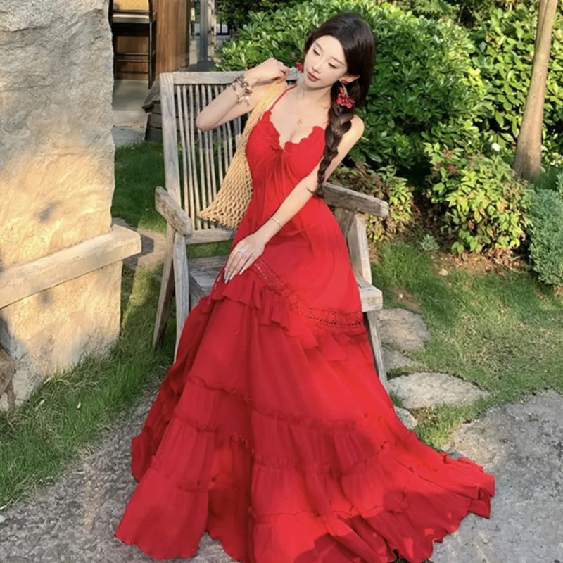 2025 French Retro Red Long Dress V-neck Halter Dress Women Summer Sexy Backless Cake Dresses Casual Boho Beach Holiday Dress