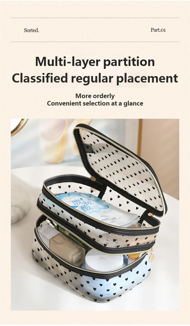 Doppels ch ichten schwarze Mesh Kosmetik tasche Reise tragbare große Kapazität Make-up Fall Organizer Aufbewahrung beutel Reiß verschluss Kultur beutel – Detail 4