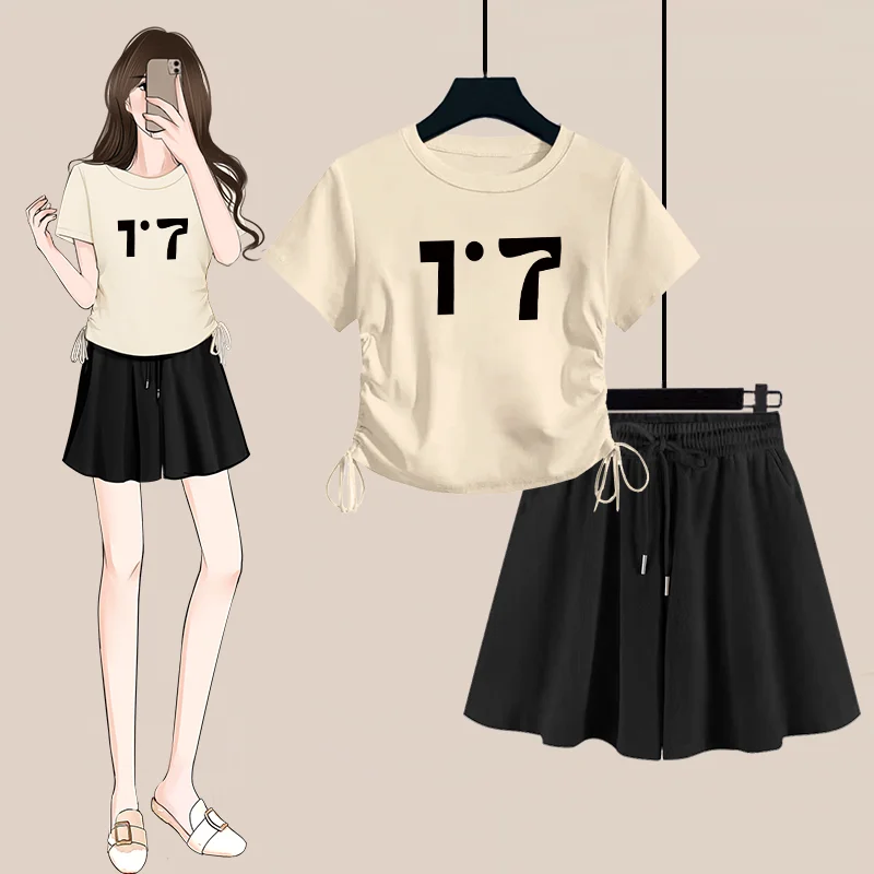 2025 صيف جديد إمرأة موضة جوكر الملابس مطابقة مجموعة سيدة سليم Shirring رسالة تي شيرت تنورة قصيرة الدعاوى بلايز السراويل الزي #2