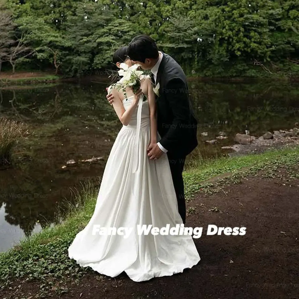 

Fancy Simple Taffeta Wedding Dress Korea Photo Shoot A Line Sleeveless Evening Dresses Back Corset Customized