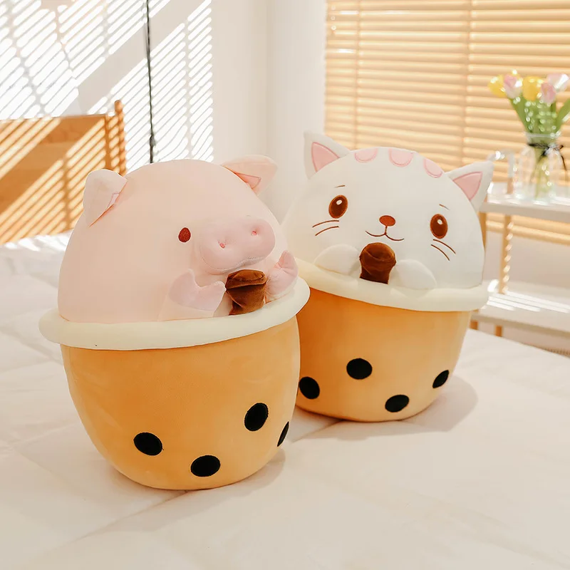 Cute Cartoon Bubble Tea Cup Shaped Pillow Real Life Pearl Milk Tea Plush Toy Stuffed Soft Funny Cat Claw Food Doll Children Gift