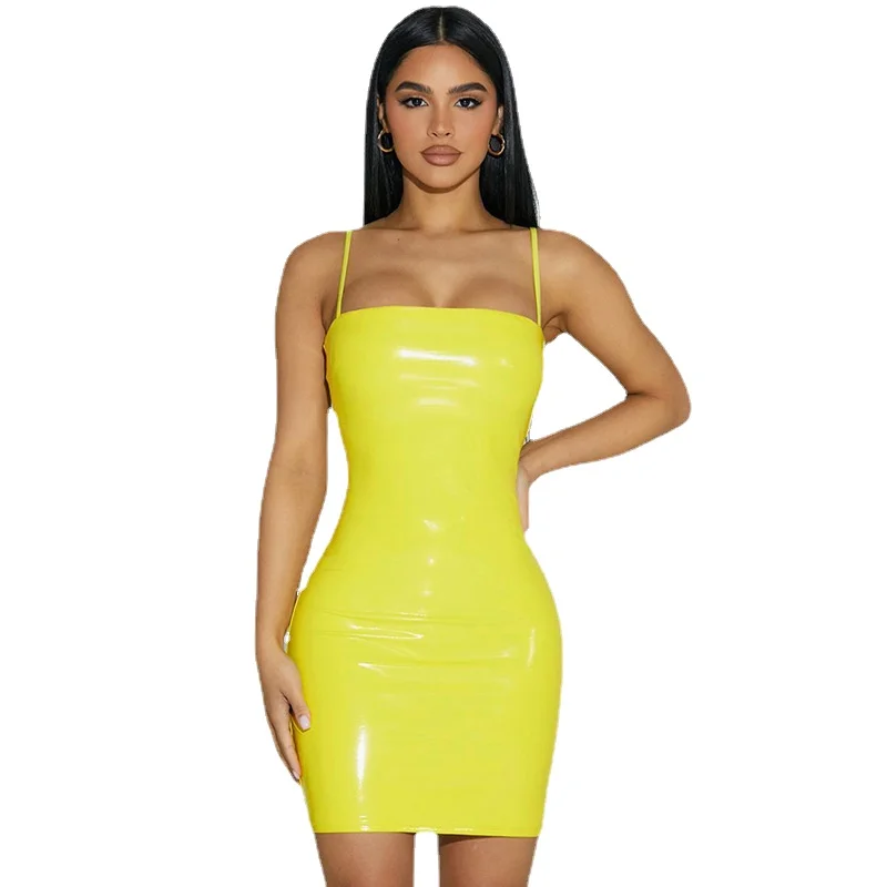 New Sexy Faux Leather Dress Backless Club Party Short Dress Solid Yellow Wet Look Latex Bodycon Push Up Bra Mini Micro Dress