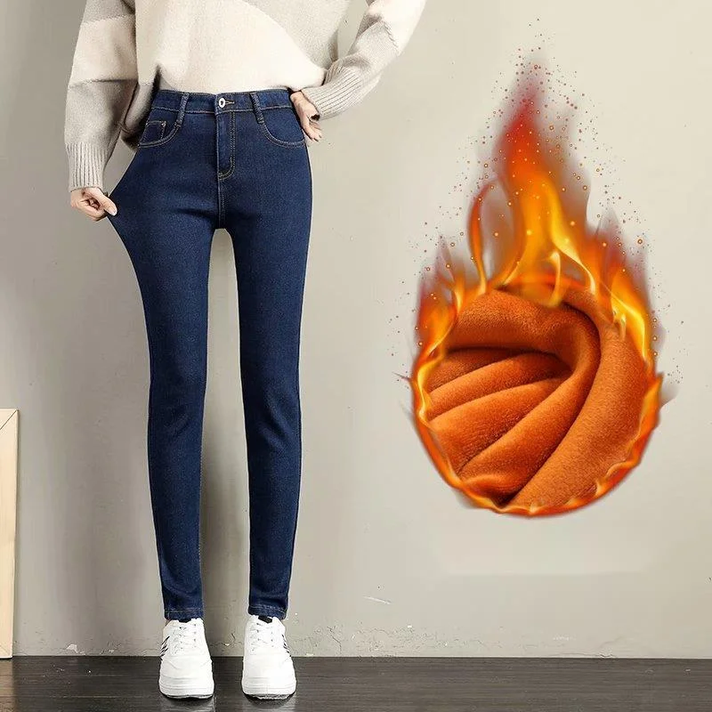 Autumn And Winter Plush Thick Denim Pants For Women With High Waist Elastic And Slimming Effect Pencil Small Feet Tight Pants