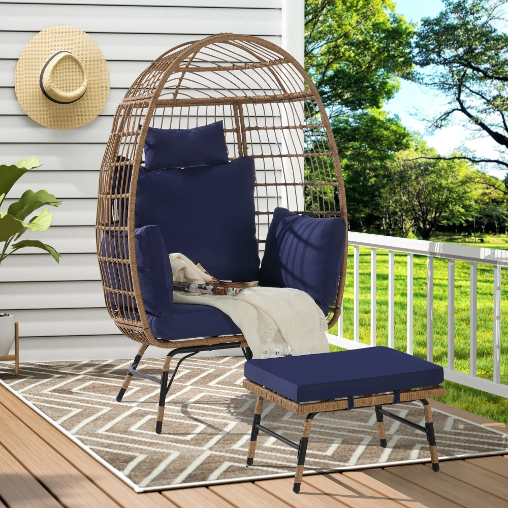

Wicker Egg Chair,Rattan Egg Chair Indoor Outdoor,Oversized Large Egg Chairs 600lbs with Ottoman and Thick Cushions for Porch, Ba