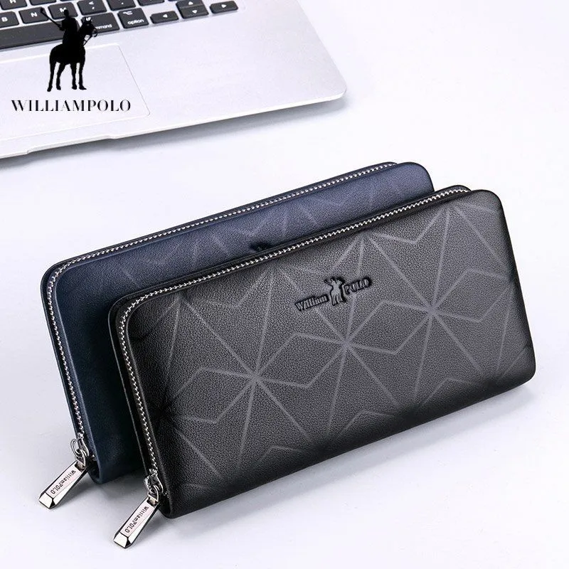 WILLIAMPOLO Brand Business Men Wallet Long Genuine Leather Clutch Wallet Purse Male Top Quality Soft Cowhide Handmade Coin Pouch