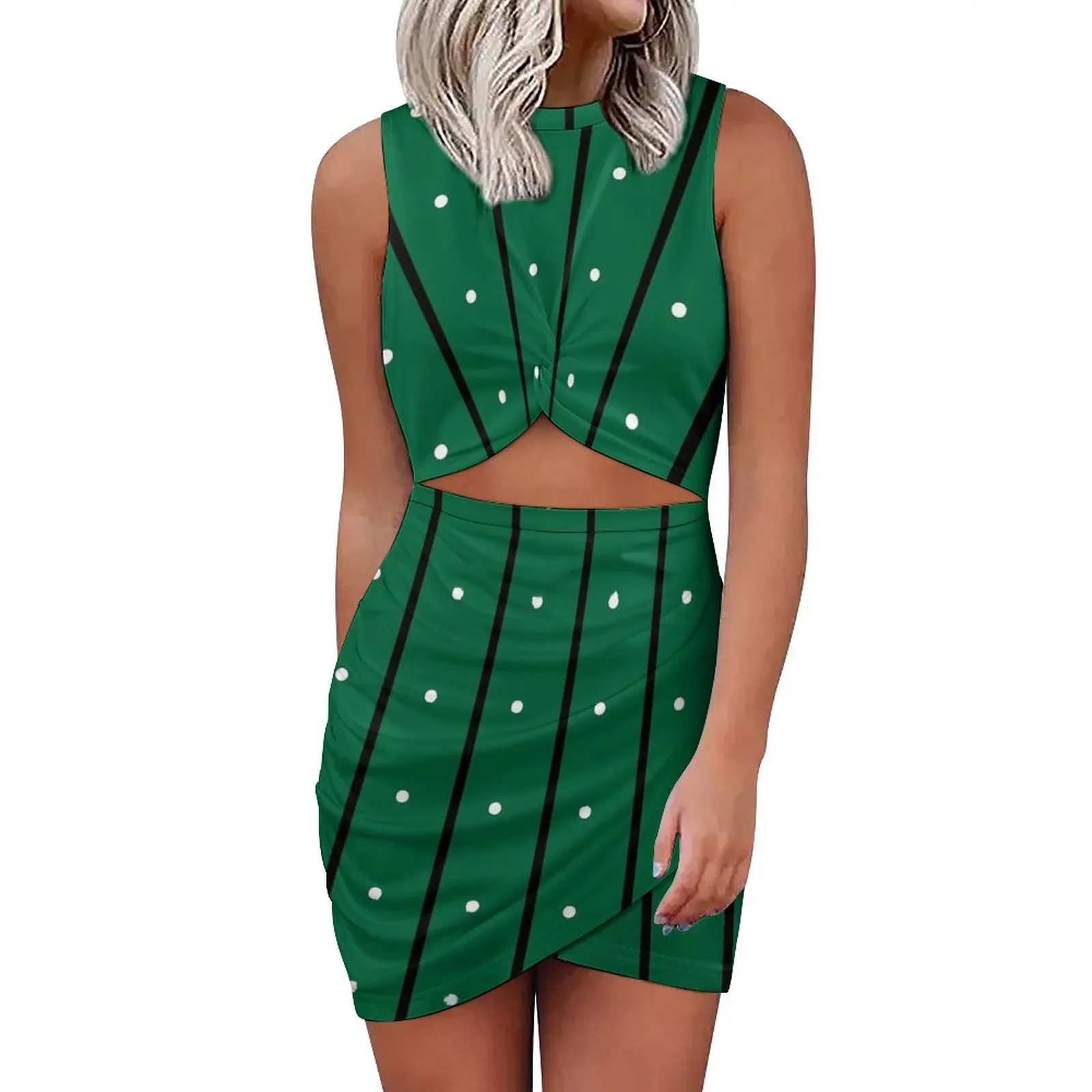 

Striped Polka Dot Bodycon Dress Summer Green And White Pretty Dresses Women Sleeveless Design Streetwear Dress Large Size 5XL